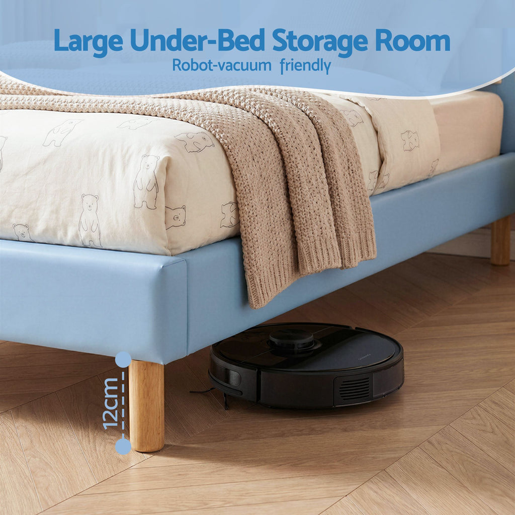 Artiss Kids King Single Bed Frame Upholstered Bear Headboard Waterproof Leather Boys Bed 180kg Capacity Blue and White