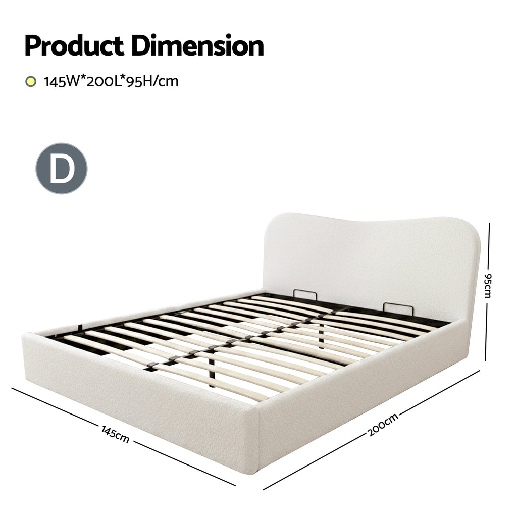 Artiss Double Bed Frame with Gaslift Storage Wooden Platform Mattress Base Boucle Upholstered White