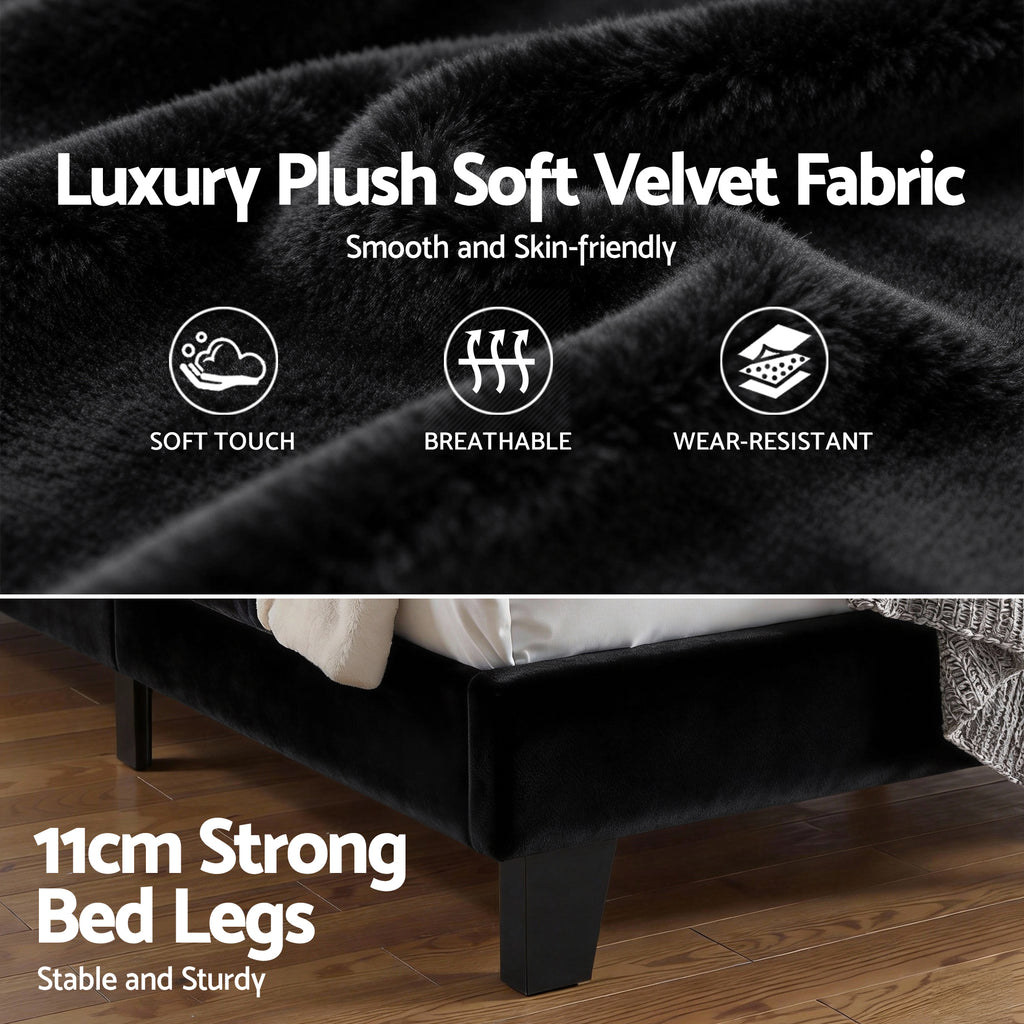 Artiss Double Bed Frame Upholstered Platform Base with Geometric Headboard Black Velvet
