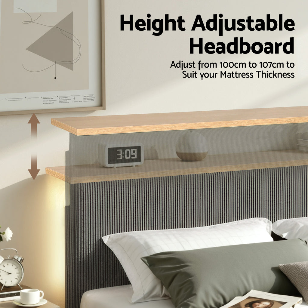 Artiss Queen Bed Frame Upholstered Adjustable Headboard Mood Lighting Heavy Duty Grey Velvet