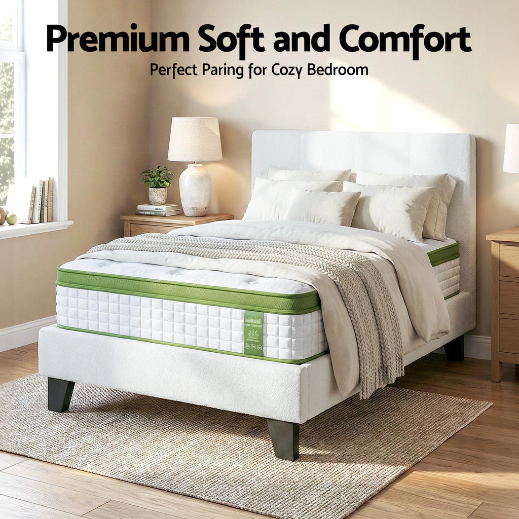 Artiss Single Bed Frame with Hybrid Mattress Set 30cm Medium Firm Platform Headboard Boucle Upholstered Pocket Coil for Pressure Relief