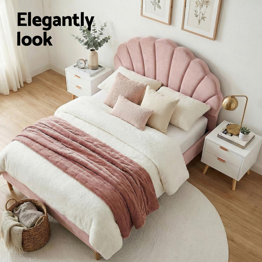 Artiss Double Bed Frame Scallop Headboard Pink Velvet with 2 Drawer Bedside Table
