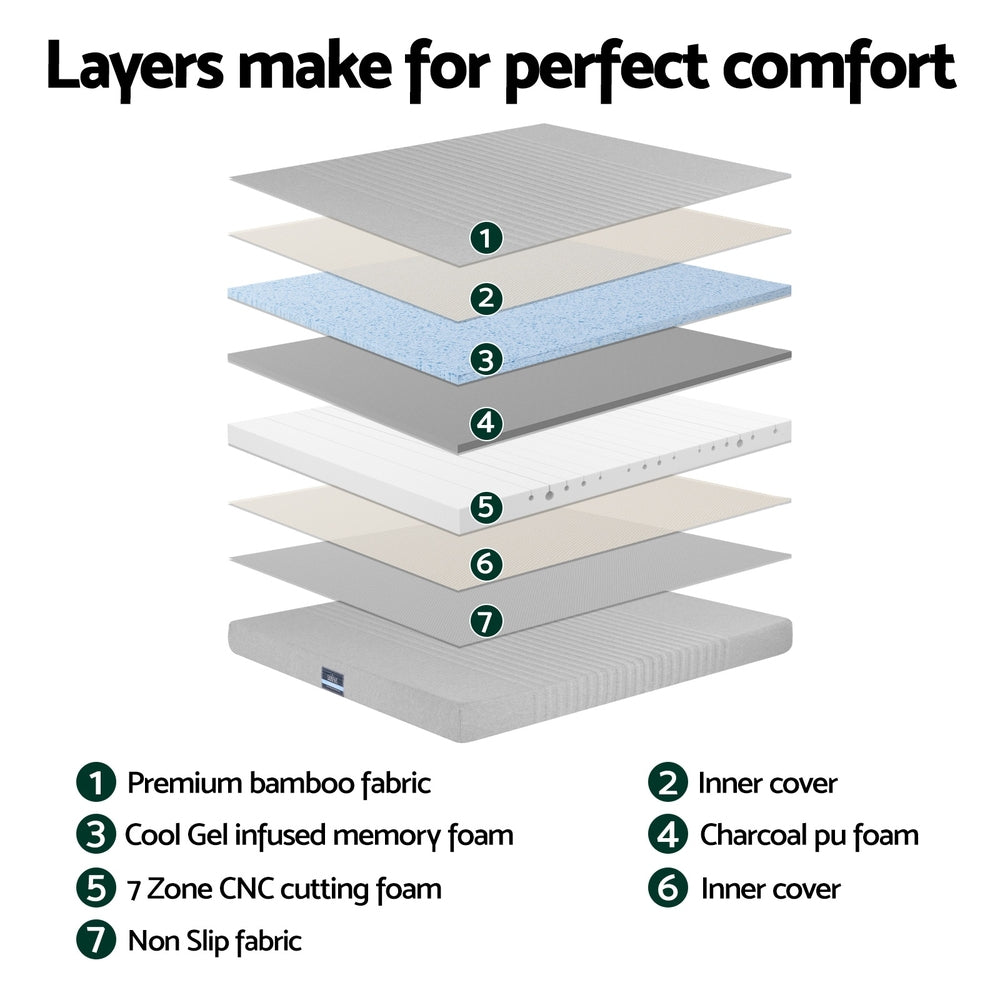 Giselle Bedding Cool Gel Memory Foam Mattress Charcoal 7-Zone Washable Bamboo Cover 15cm King