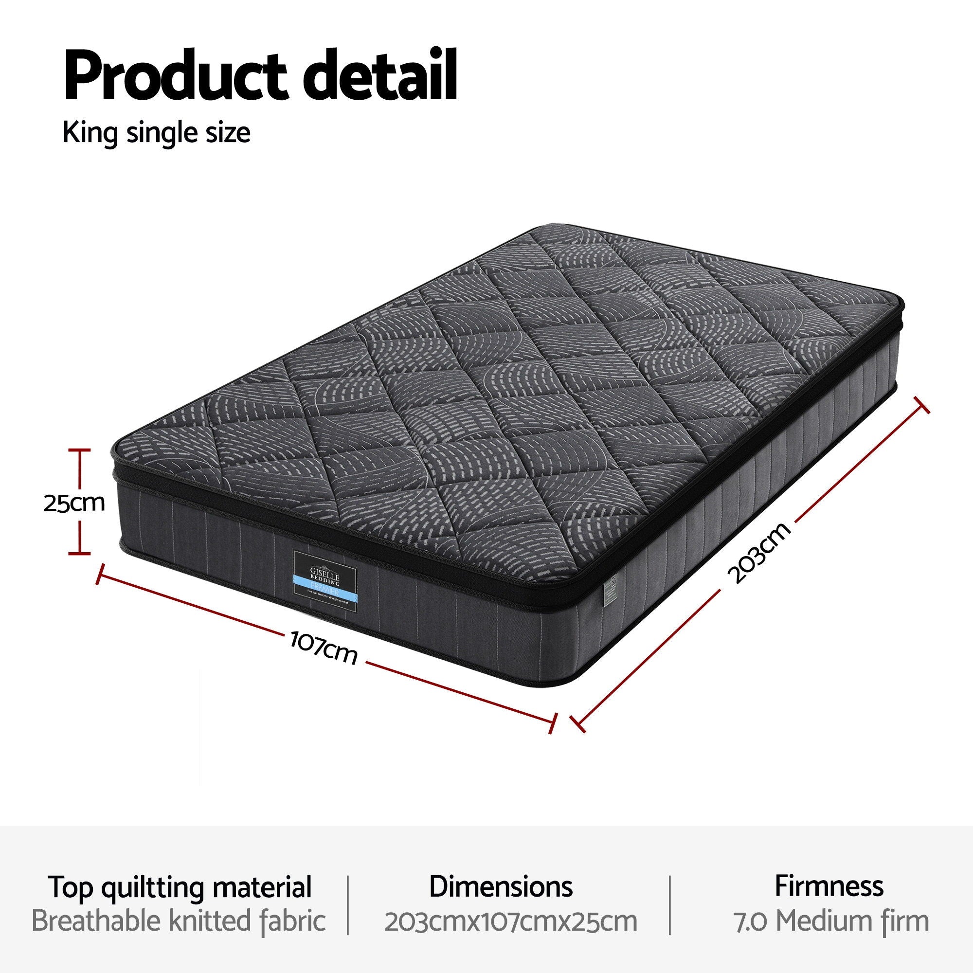Giselle Bedding King Single Mattress 25cm Pocket Spring Latex Euro Top Medium Firm Bed