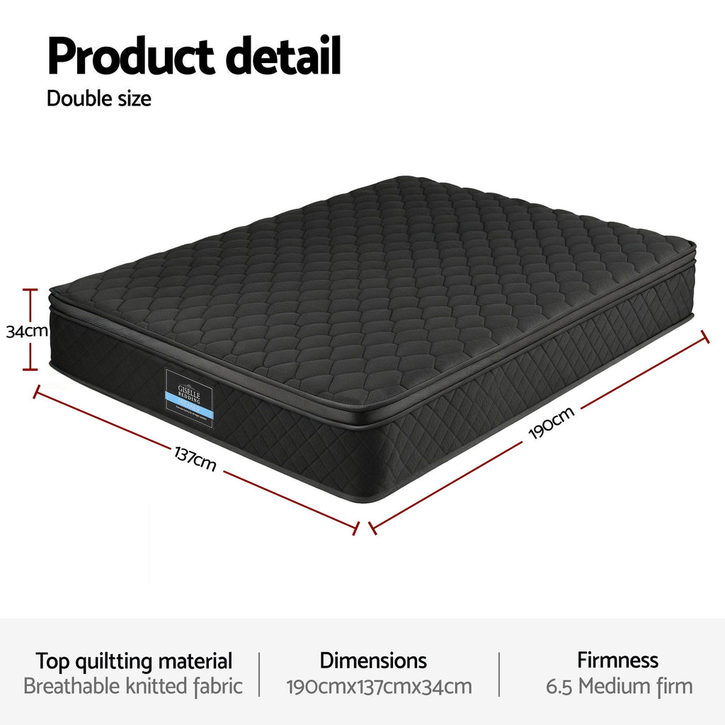 Giselle Bedding Double Mattress 34cm Euro Top with 5-Zone Pocket Spring Support Black
