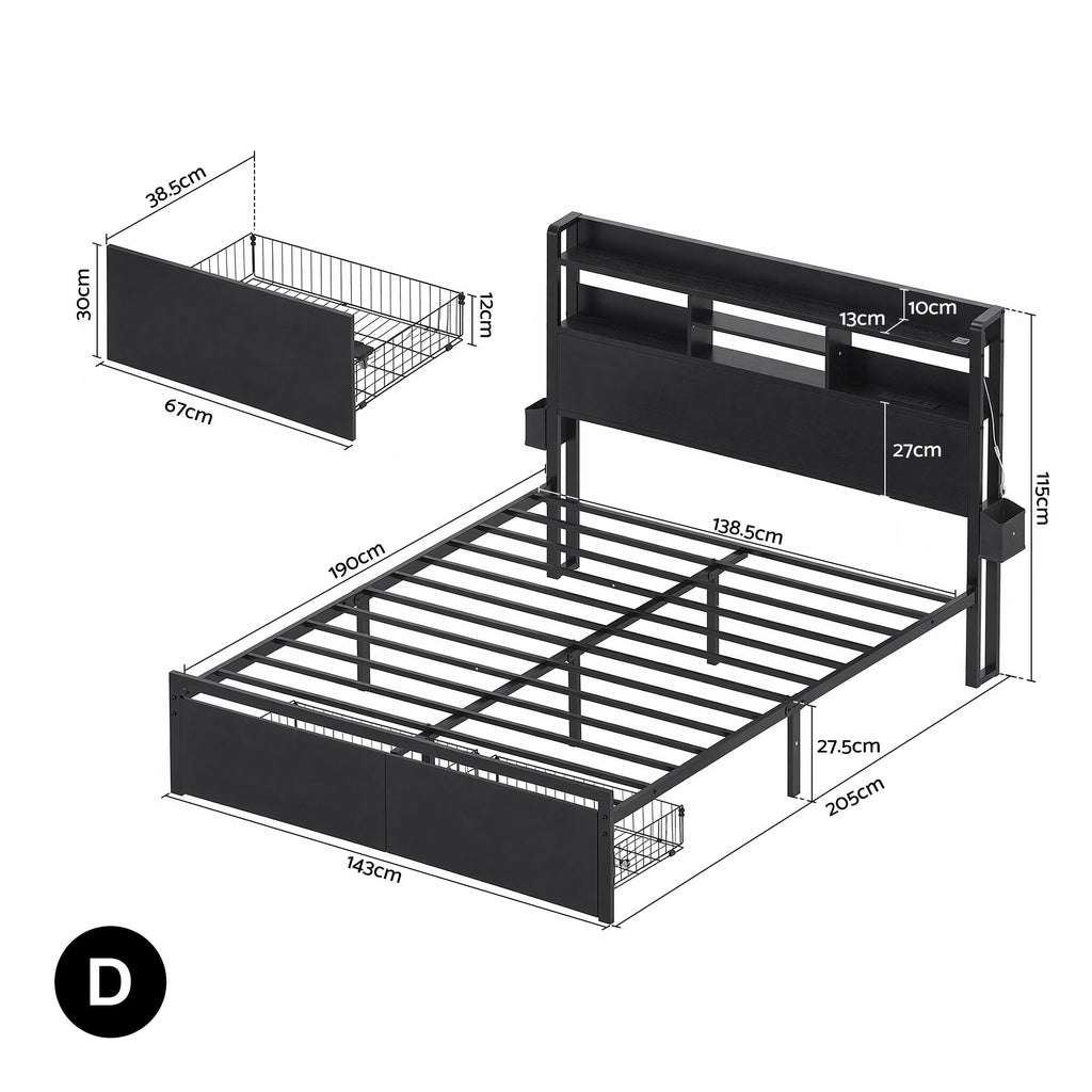 Artiss Bed Frame Double with Charging Station Storage Organizer Drawers LED ZAC