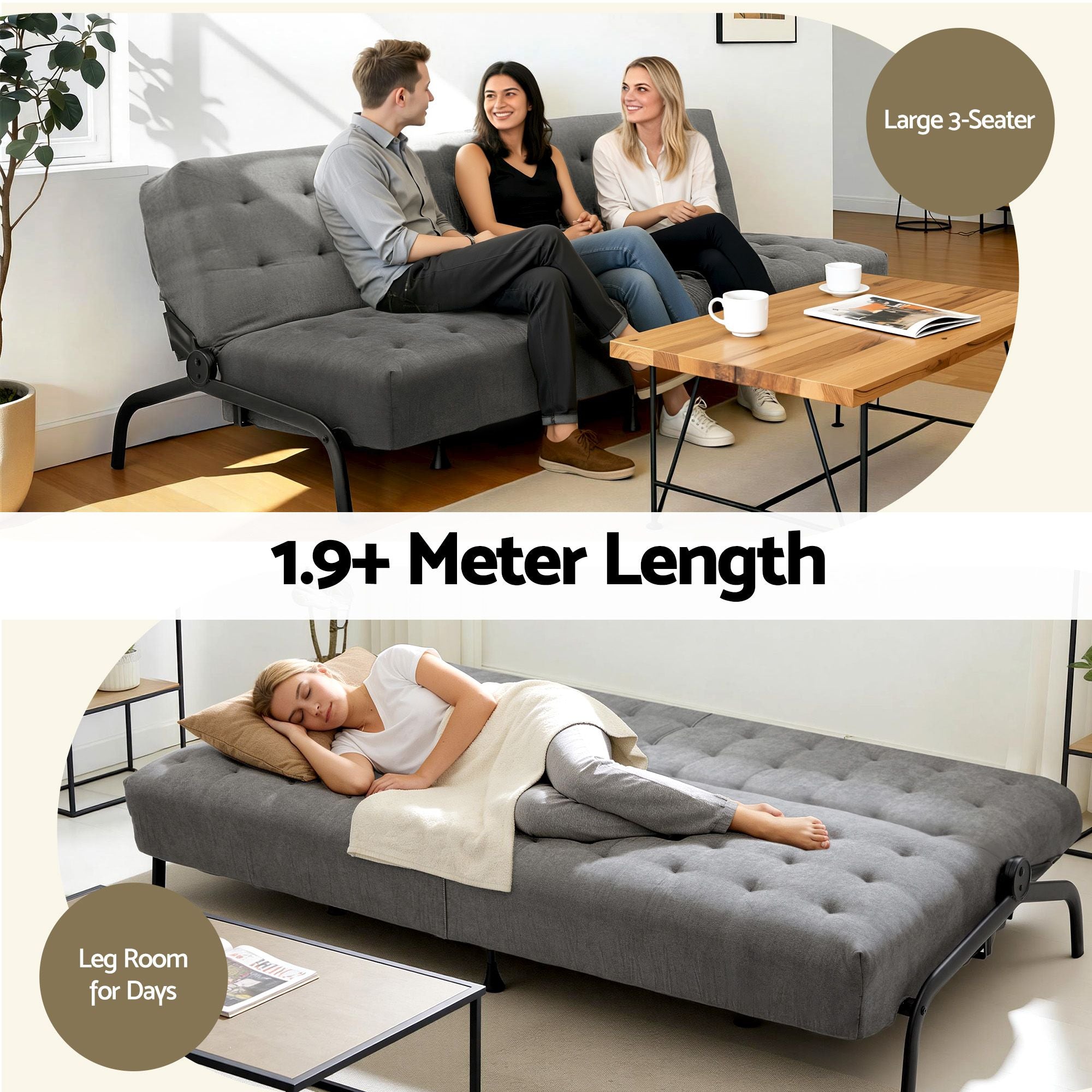 Artiss Sofa Bed, 1.9m 3-Seater Soft Innerspring Adjustable Couch Futon Chair for Apartment Dorm Living Room Office Study Bedroom, Grey