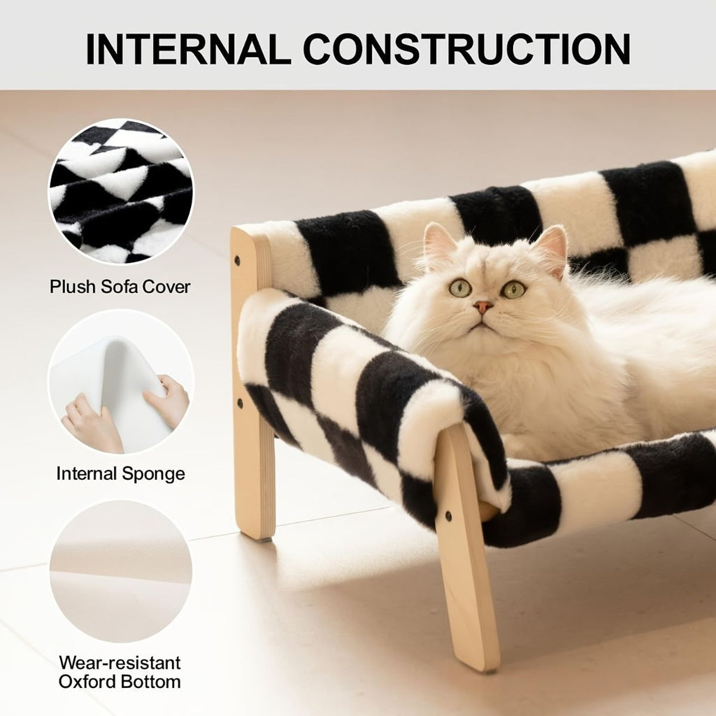 cat sofa bed, faux-fur cat bed, checkered pet bed, warm pet bed, washable pet bed, wooden cat bed, small dog bed, Australian pet bed - black and white squares - Size L