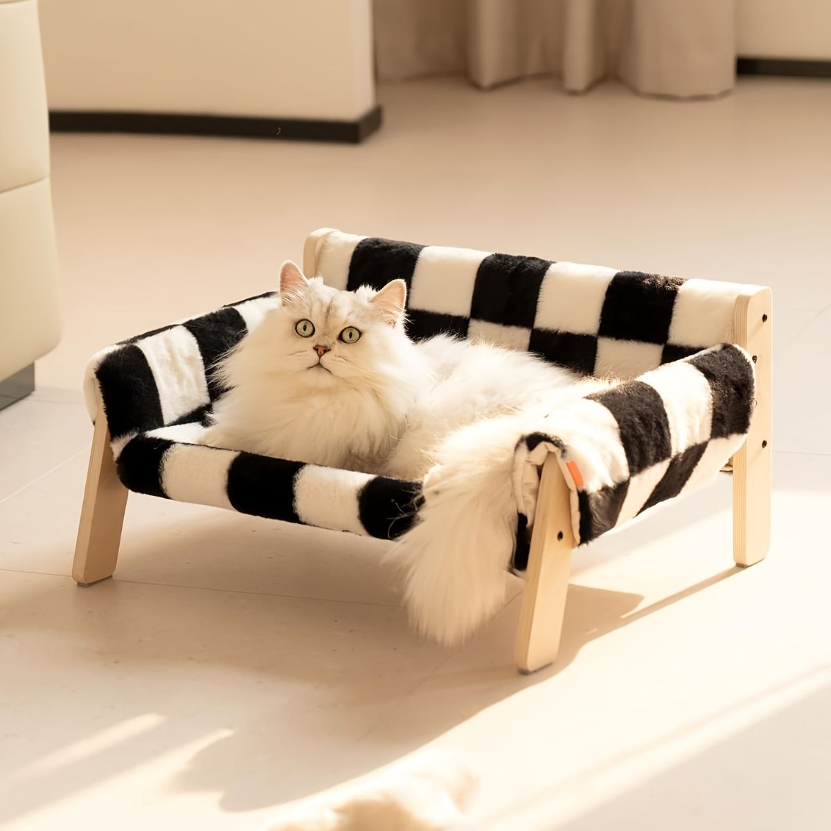 cat sofa bed, faux-fur cat bed, checkered pet bed, warm pet bed, washable pet bed, wooden cat bed, small dog bed, Australian pet bed - Brown - Size L