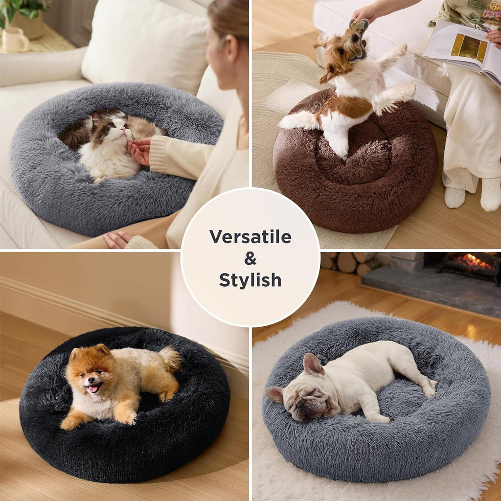 Calming Donut Cat Bed - Fluffy Plush Round Pet Bed, Suitable for Indoor Cats and Dogs, Washable Anxiety-Relief Soft Comfortable Hug Blanket, 27x27 inches, Gray (Basic Version)