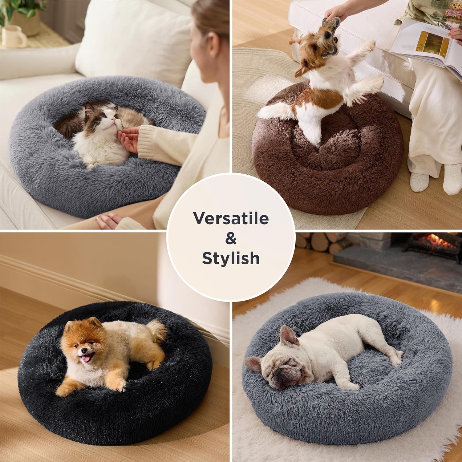 Calming Donut Cat Bed - Fluffy Plush Round Pet Bed, Suitable for Indoor Cats and Dogs, Washable Anxiety-Relief Soft Comfortable Hug Blanket, 27x27 inches, Gray (Basic Version)