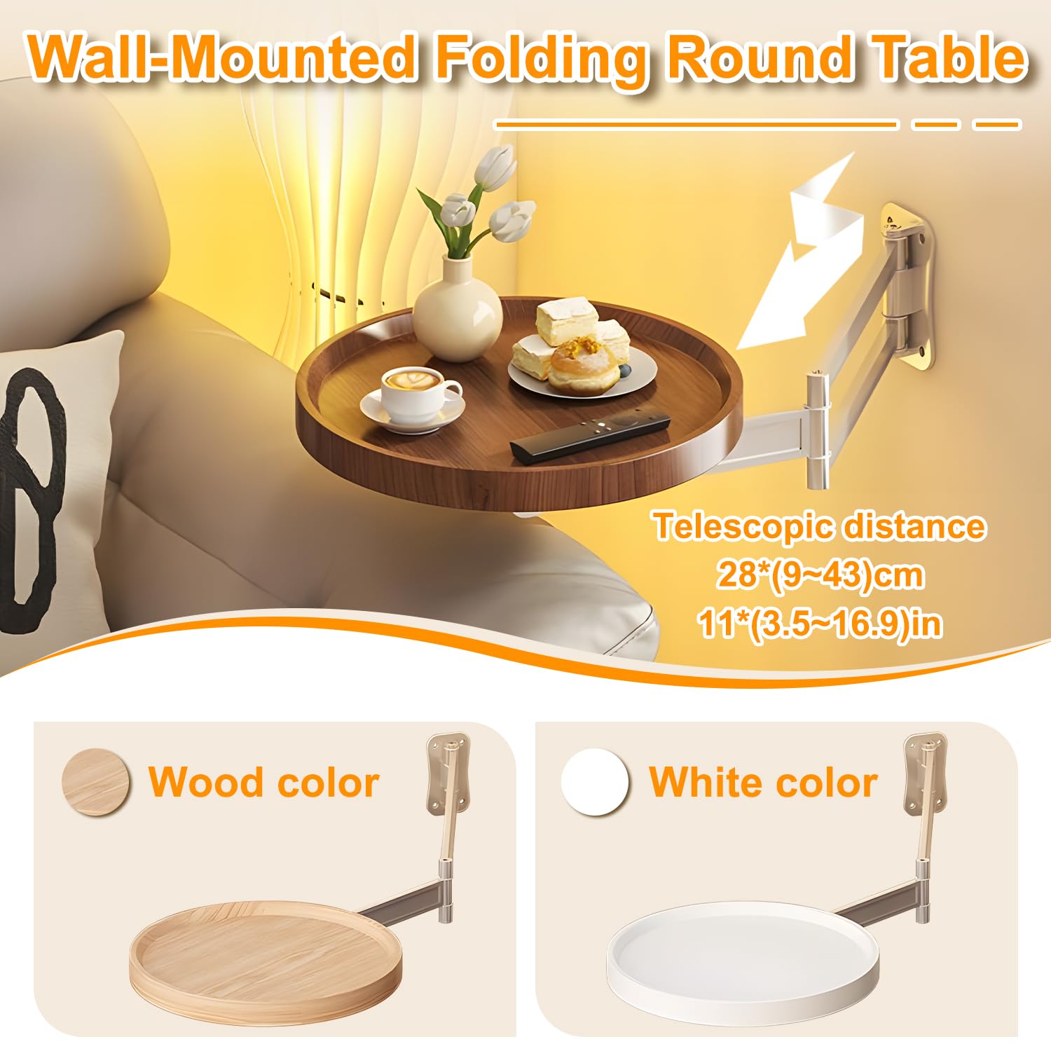 Wall-Mounted Foldable Round Table – Telescopic Adjustable Bedside Desk with Aluminum Alloy Support, Multi-Use Floating Table for Bedroom, Living Room, Balcony (White)