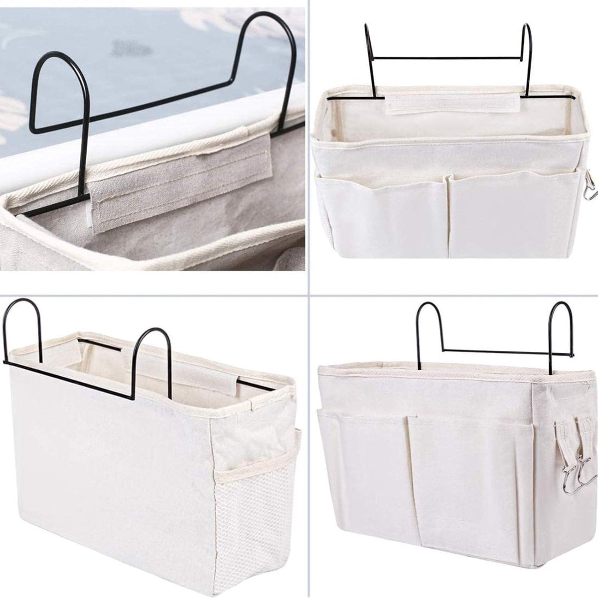 Bedside Pocket - Bed Organizer With Frame - Bed Storage Bag - Cotton - Bed Storage Bag - Bedside Table - Bedside Organizer - Bedside Pocket Storage Bag - White - For Bed Or Sofa - Hanging Model - With Multiple Compartments And Hooks - Very Practical And D