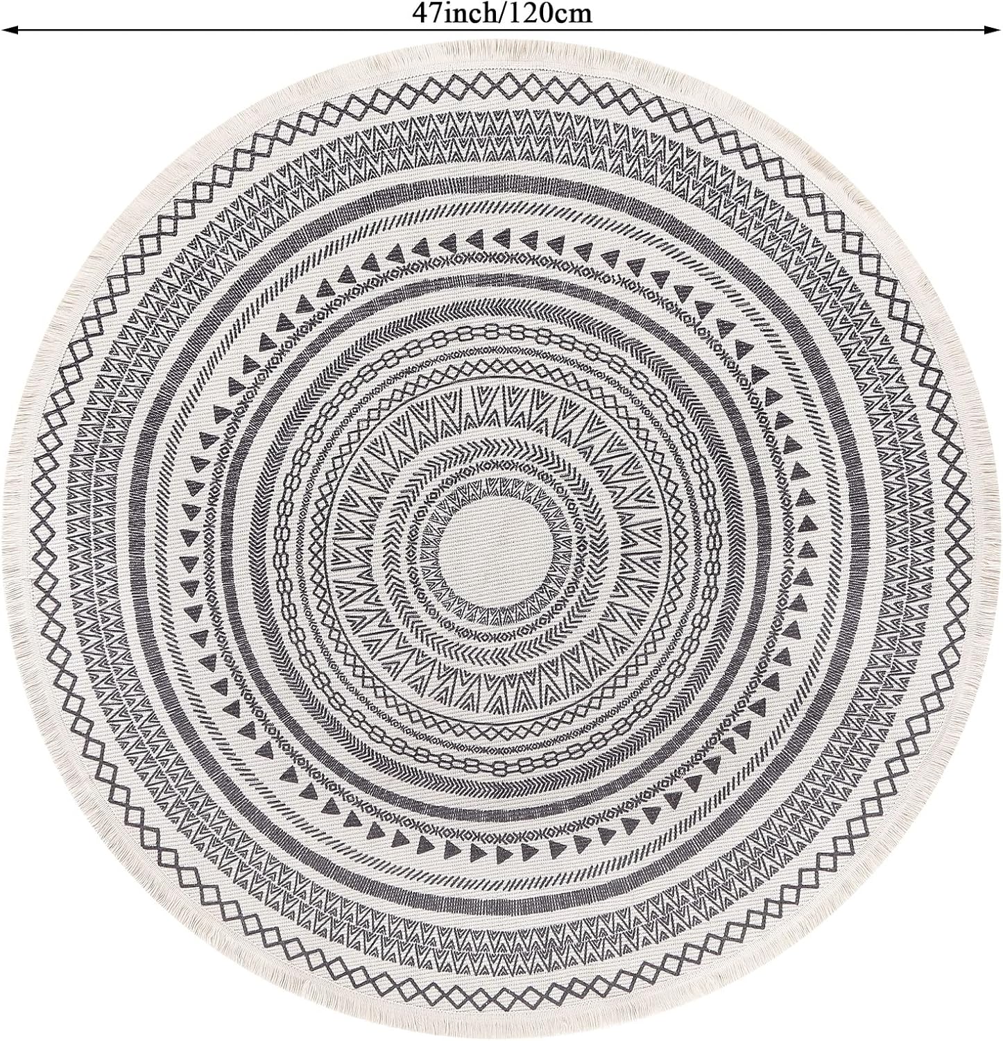 Moroccan Style Grey Round Woven Cotton Washable Absorbent Rug 120cm with Fringes