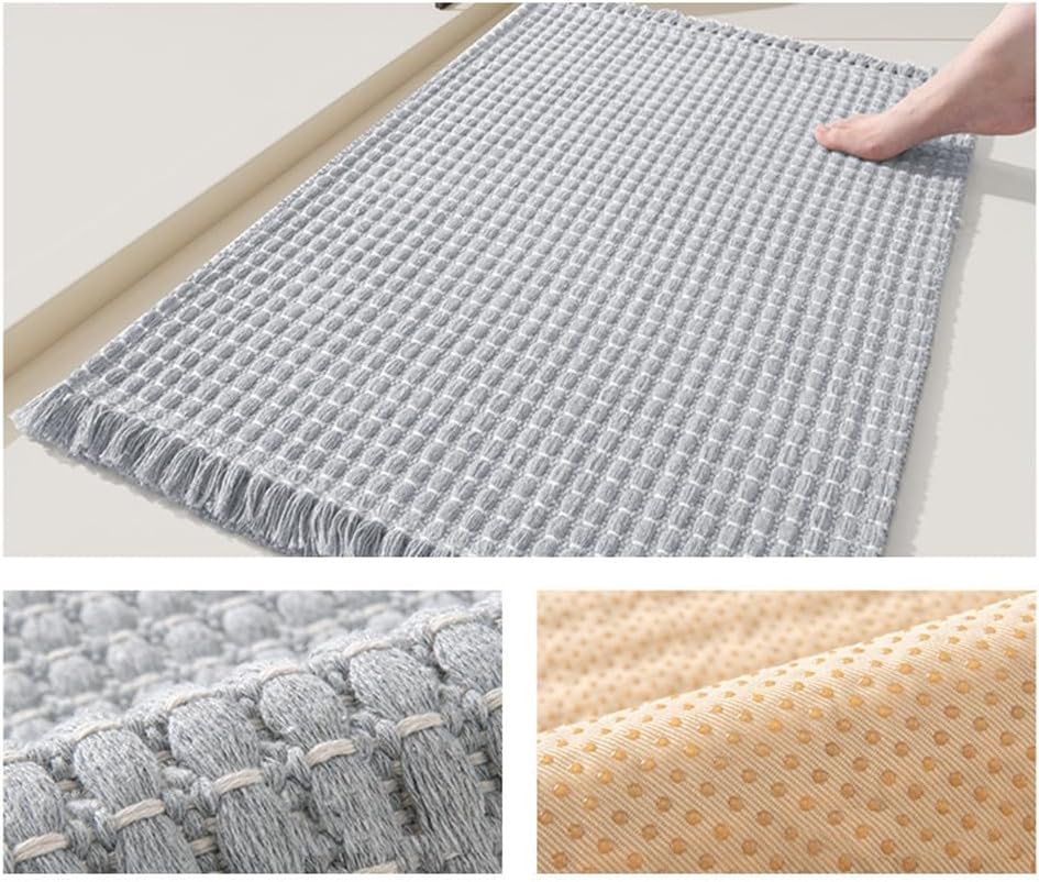 Soft Microfiber Farmhouse Bathroom Rug Washable Kitchen Mats Woven Non Slip Small Bath Mat with Pure Tassels,Tufted Braided Bath Rug for Entryway Doormat Laundry Room(20" X 32",Beige)