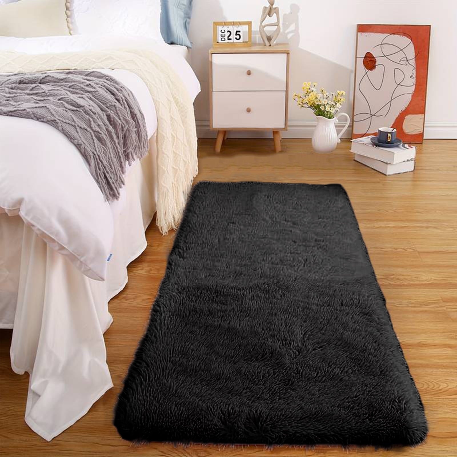 Soft Area Rug Fluffy Rugs for Living Room Bedroom Decor, Runner Rug for Hallway, Shag Furry Bedside Rug Indoor Accent Floor Carpet, 40*80cm Non-Slip Plush Rug for Kids Room Dorm Black