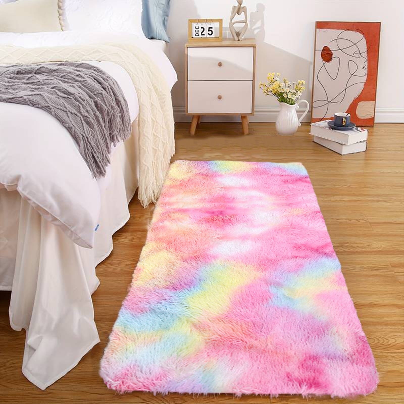 Soft Area Rug Fluffy Rugs for Living Room Bedroom Decor, Runner Rug for Hallway, Shag Furry Bedside Rug Indoor Accent Floor Carpet, 40*80cm Non-Slip Plush Rug for Kids Room Dorm Multicolor