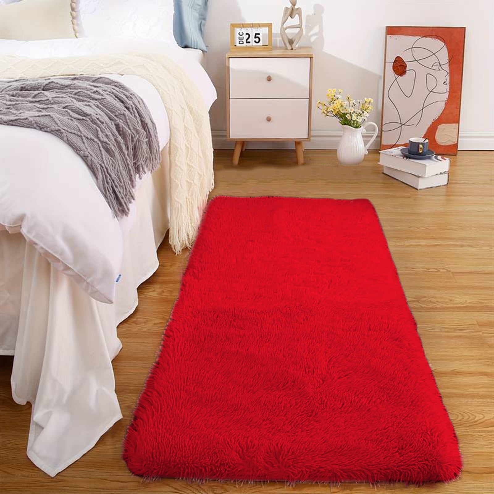 Soft Area Rug Fluffy Rugs for Living Room Bedroom Decor, Runner Rug for Hallway, Shag Furry Bedside Rug Indoor Accent Floor Carpet, 40*80cm Non-Slip Plush Rug for Kids Room Dorm Red