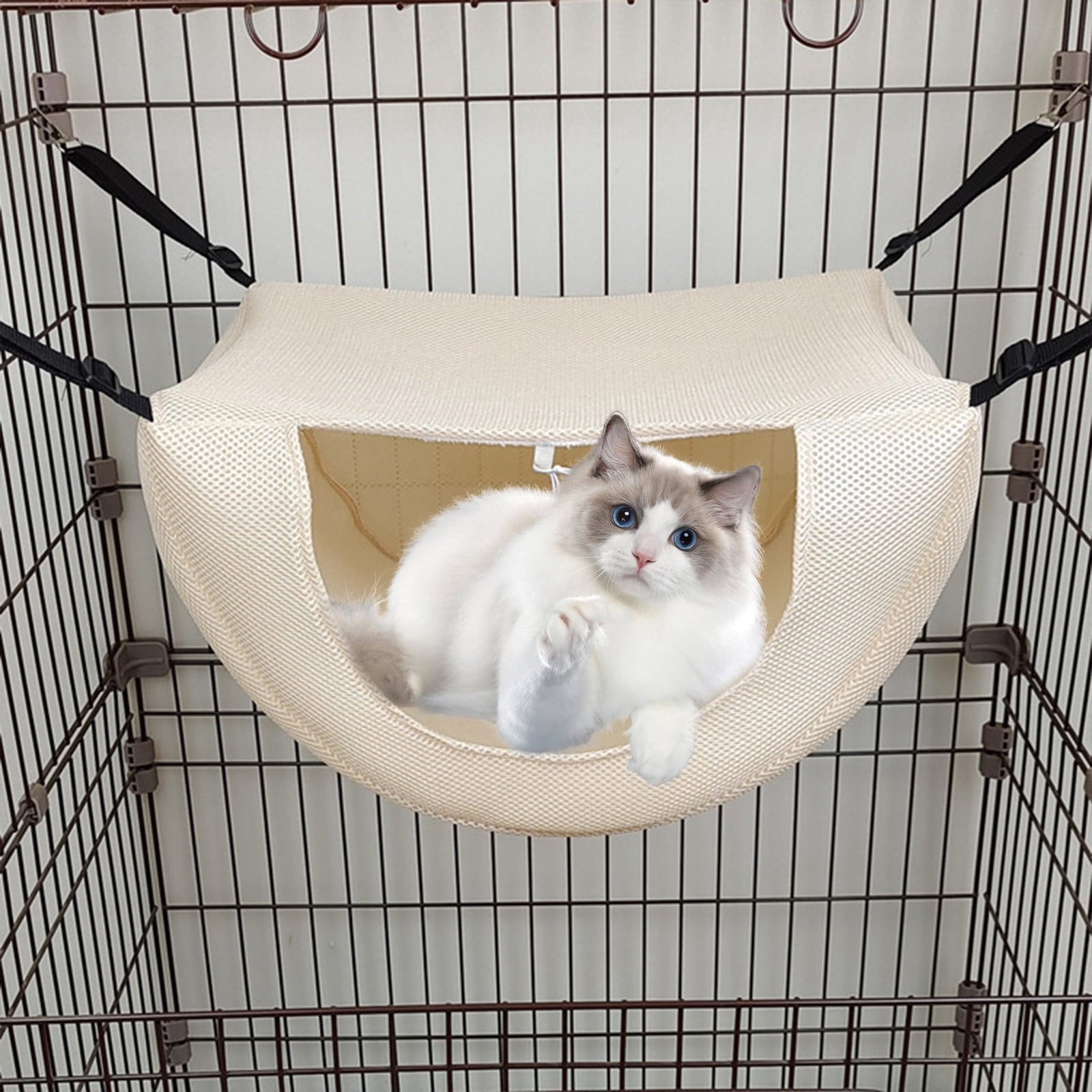 Cat Cage Hammock, Hanging Soft Pet Bed, Summer Breathable Pet Cage Hammock with Adjustable Straps, for Indoor Kitten Puppy Rabbit or Small Pet Beige