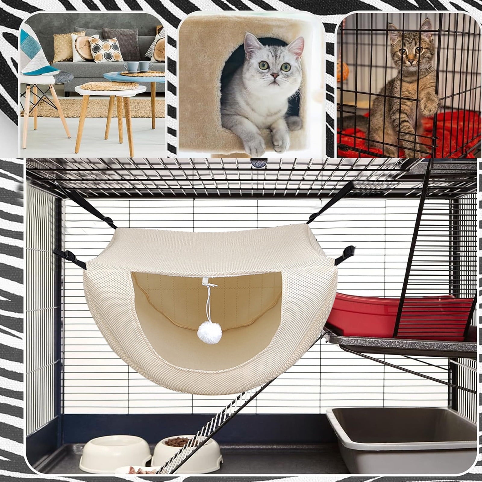 Cat Cage Hammock, Hanging Soft Pet Bed, Summer Breathable Pet Cage Hammock with Adjustable Straps, for Indoor Kitten Puppy Rabbit or Small Pet Beige