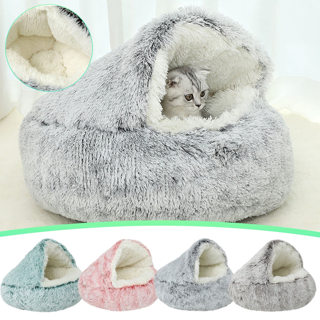 Calming Dog Beds & Cat Cave Bed with Hooded Cover, Removable Washable Round Beds for Small Medium Pets, Anti-Slip Plush Coved Bed for Pet (20"x20") C