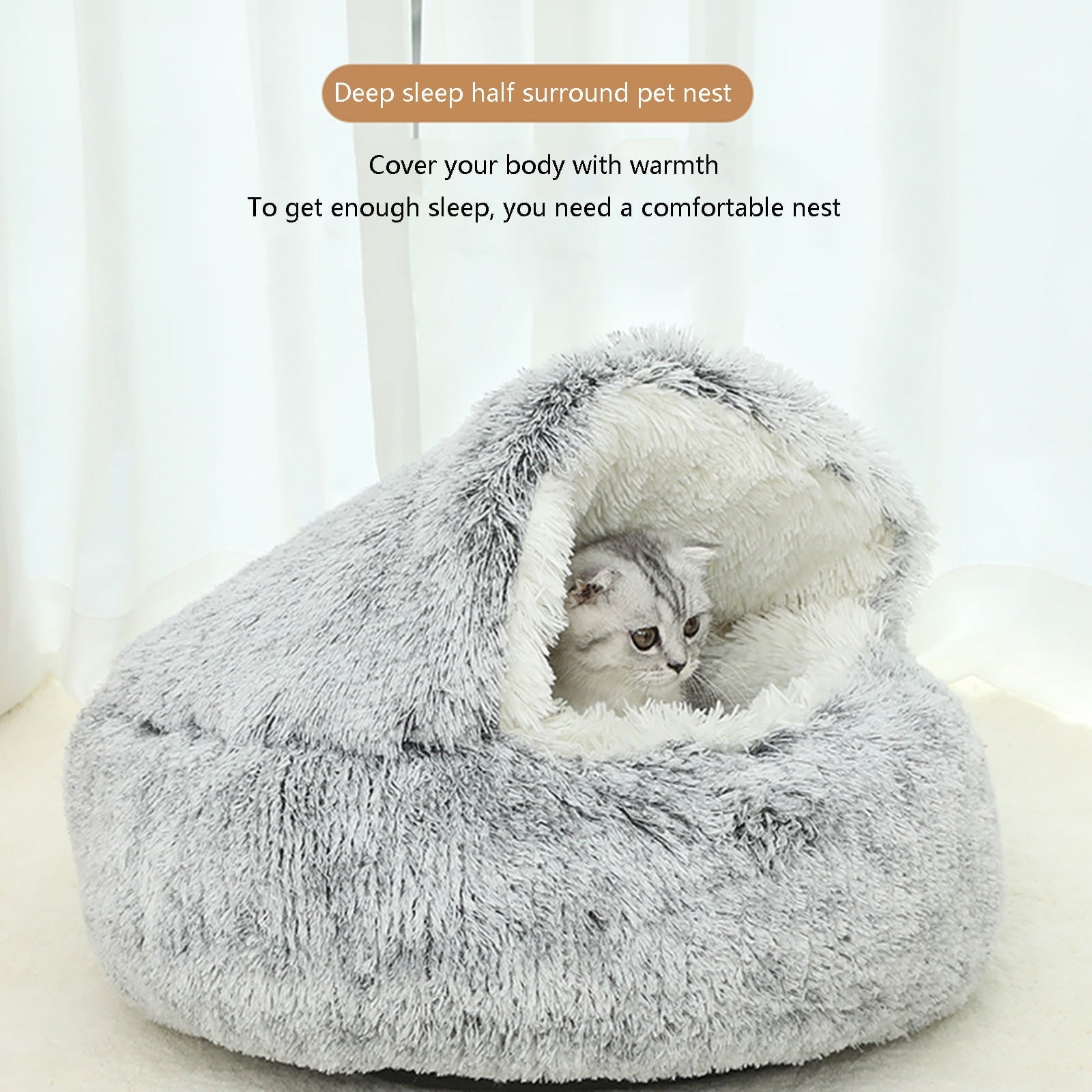 Calming Dog Beds & Cat Cave Bed with Hooded Cover, Removable Washable Round Beds for Small Medium Pets, Anti-Slip Plush Coved Bed for Pet (20"x20") C