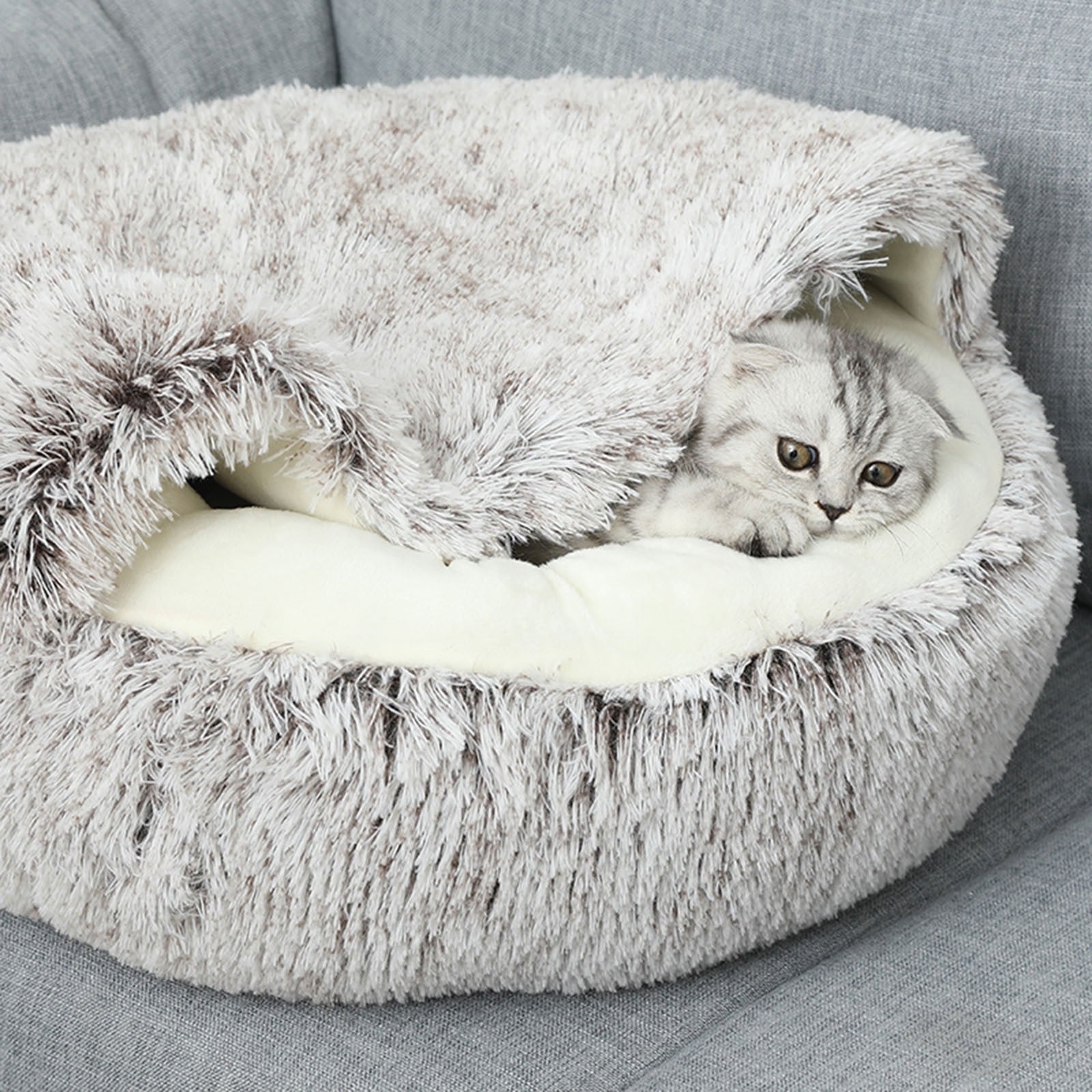 Calming Dog Beds & Cat Cave Bed with Hooded Cover, Removable Washable Round Beds for Small Medium Pets, Anti-Slip Plush Coved Bed for Pet (20"x20") C