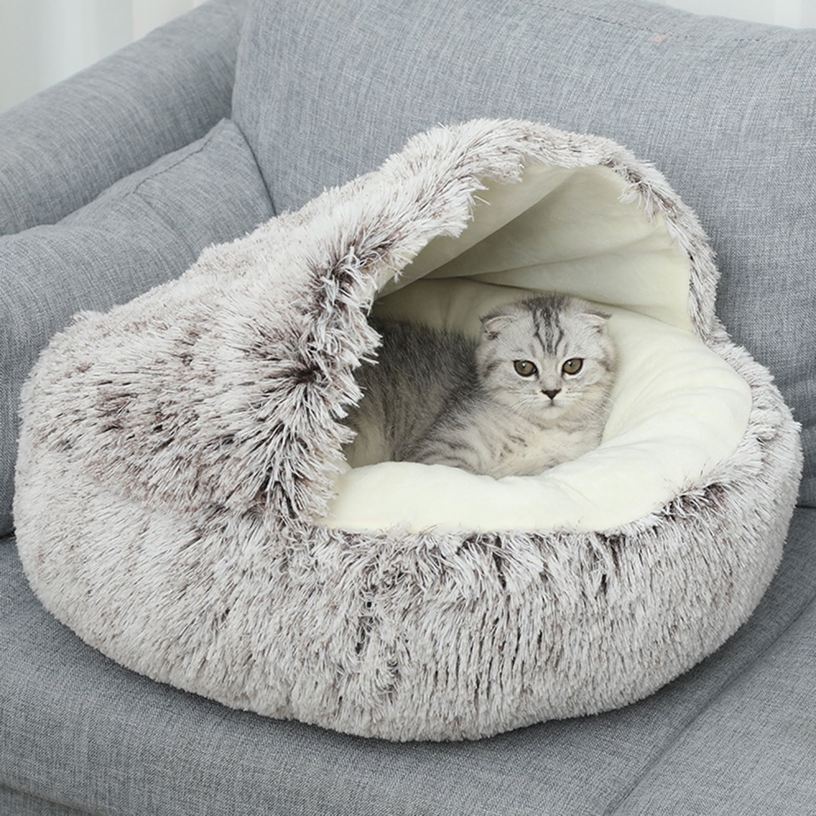 Calming Dog Beds & Cat Cave Bed with Hooded Cover, Removable Washable Round Beds for Small Medium Pets, Anti-Slip Plush Coved Bed for Pet (20"x20") D