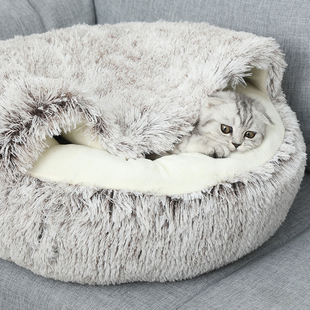 Calming Dog Beds & Cat Cave Bed with Hooded Cover, Removable Washable Round Beds for Small Medium Pets, Anti-Slip Plush Coved Bed for Pet (20"x20") N