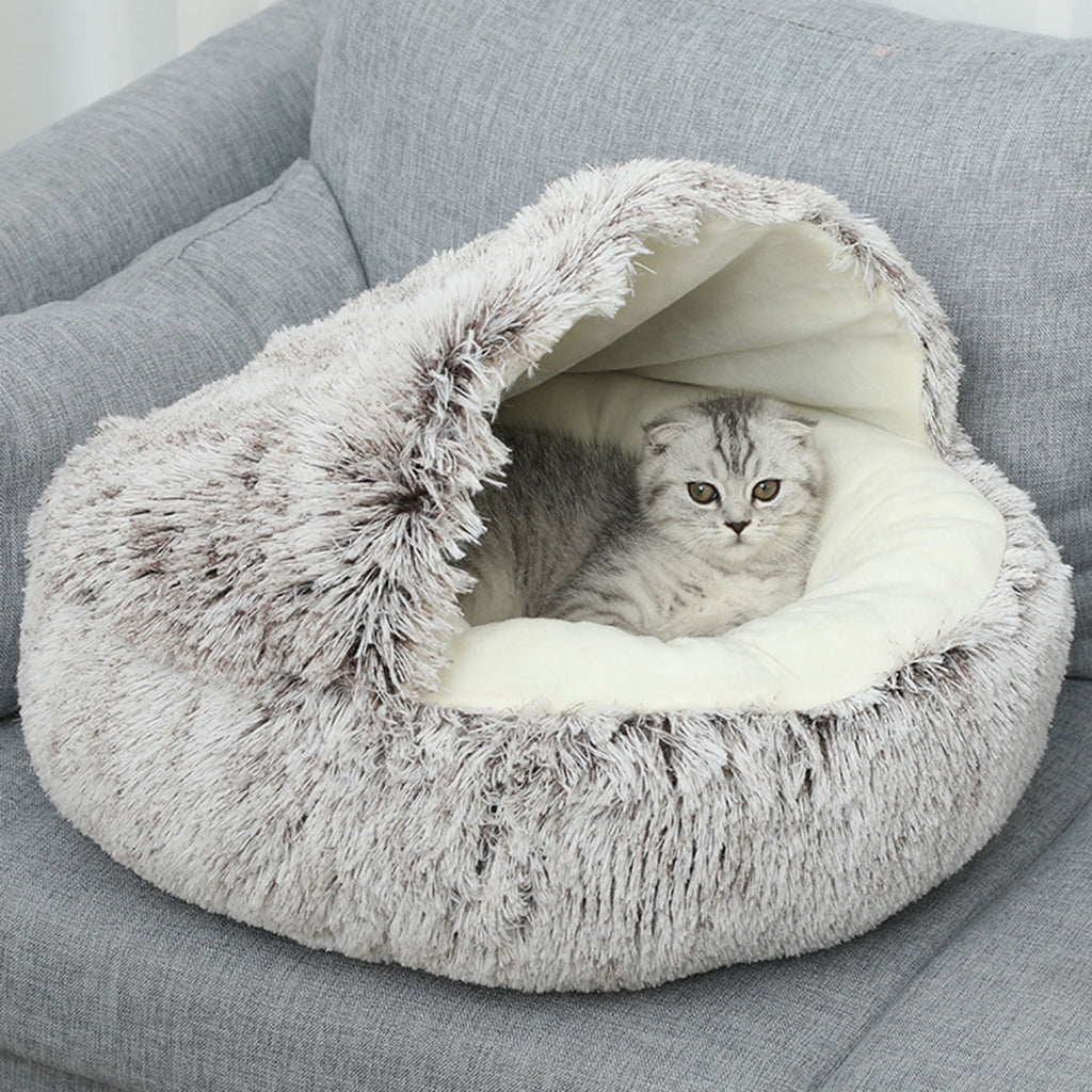 Calming Dog Beds & Cat Cave Bed with Hooded Cover, Removable Washable Round Beds for Small Medium Pets, Anti-Slip Plush Coved Bed for Pet (20"x20") N