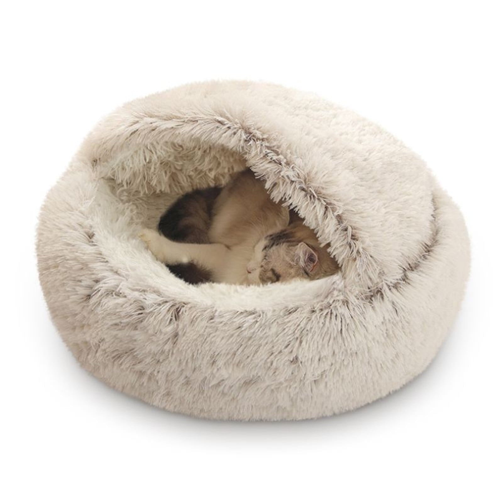 Cat Bed Round Plush Hooded Cat Bed Cave, for Indoor Cats or Small Dog Beds, Calming Pet Beds Calm Anti-nxiety Dog Bed, Waterproof Bottom Washable (16"x16") Coffee