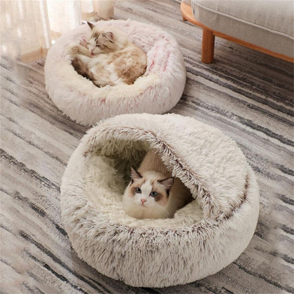 Cat Bed Round Plush Hooded Cat Bed Cave, for Indoor Cats or Small Dog Beds, Calming Pet Beds Calm Anti-nxiety Dog Bed, Waterproof Bottom Washable (16"x16") Gray