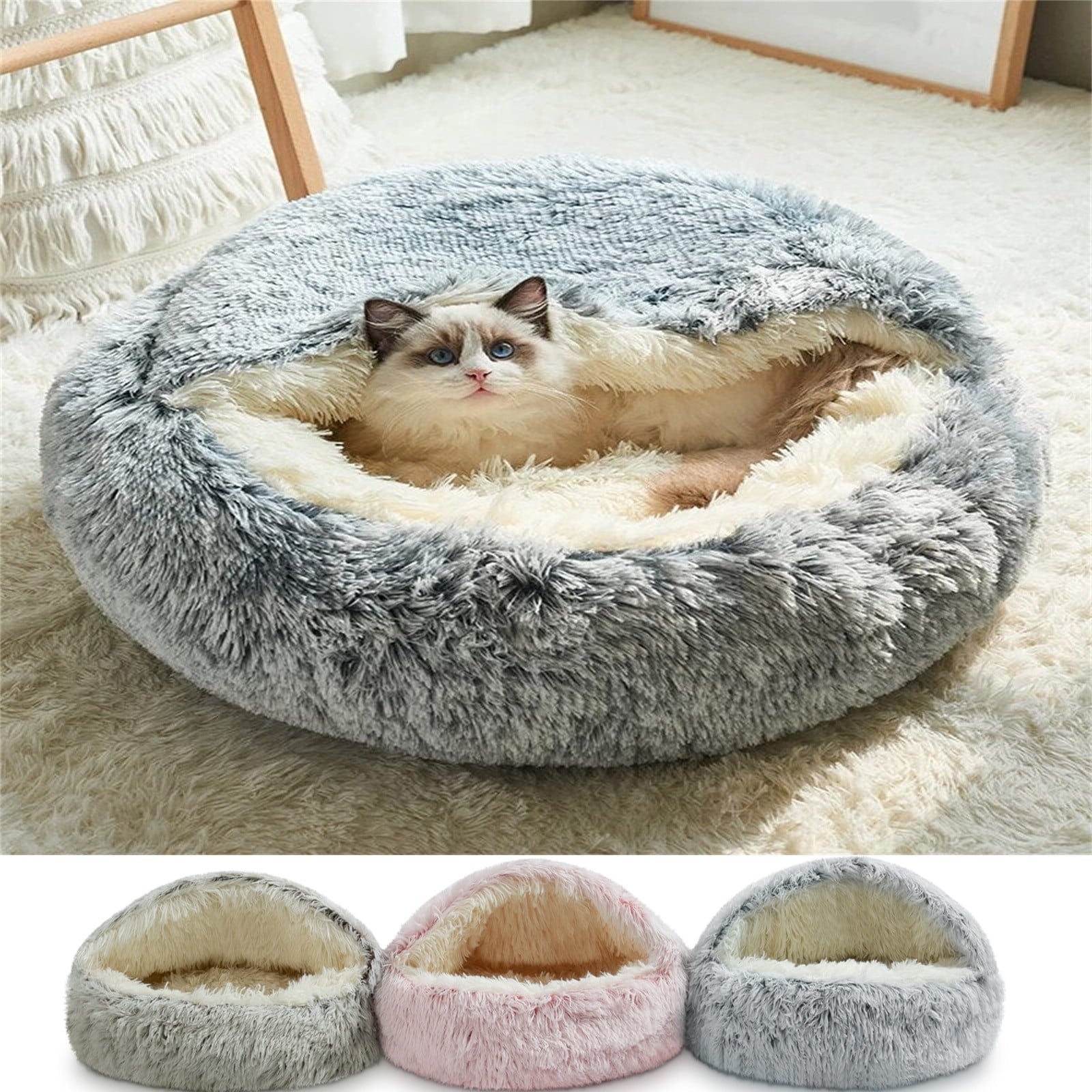 Cat Bed Round Plush Hooded Cat Bed Cave, for Indoor Cats or Small Dog Beds, Calming Pet Beds Calm Anti-nxiety Dog Bed, Waterproof Bottom Washable (16"x16") Purple
