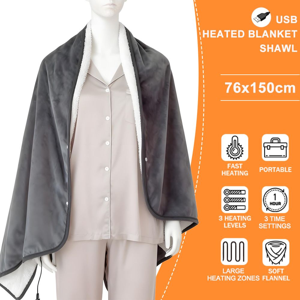 3-Setting Electric Heating Shawl | USB Rapid Warming, Portable & Machine Washable, Multifunctional Warming Blanket for Home, Office & Travel