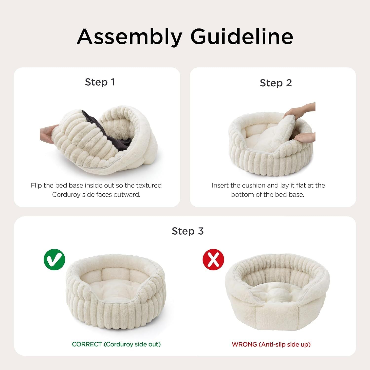 Cat Bed, Washable Round Cute Cat Beds for Indoor Cats, Super Soft Corduroy Pet Bed for Puppy and Kitten with Anti-Slip Bottom, 23''x23''x8.5'', Sandy Beige