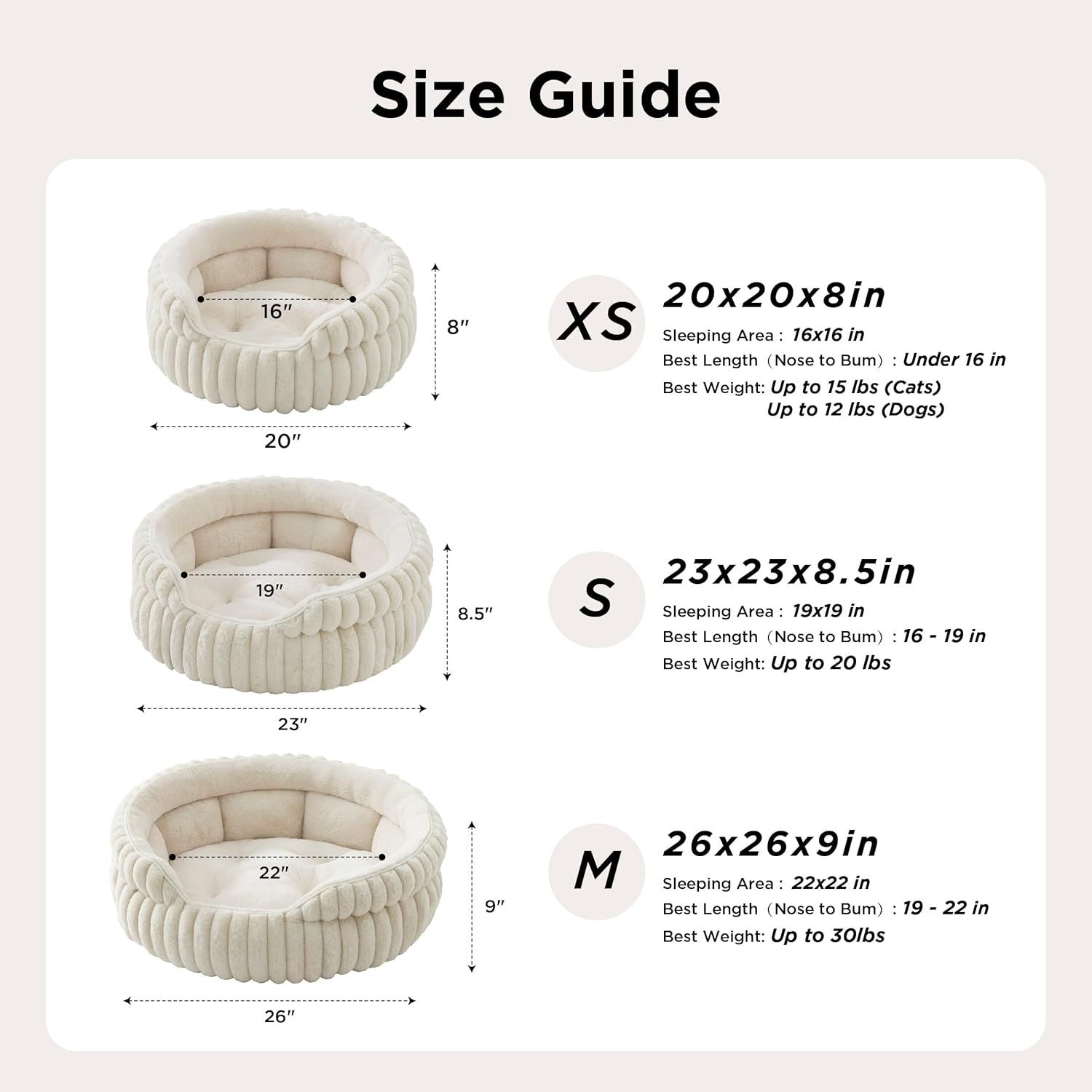 Medium Dog Bed, Washable Cute Pet Bed, Super Soft Corduroy Round Cat Bed with Anti-Slip Bottom, 26''x26''x9'', Cream