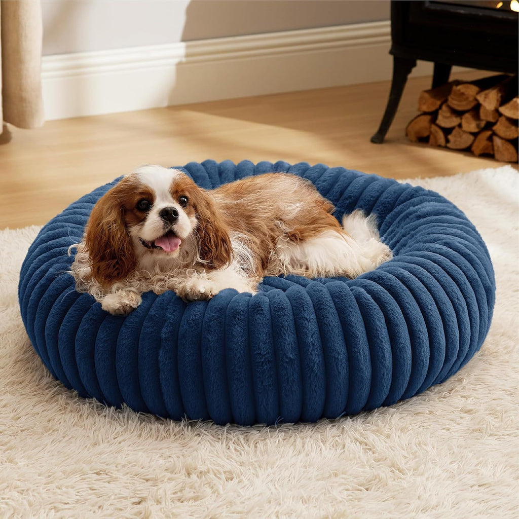 Calming Donut Pet Bed - Faux Rabbit Fur Soft Warm Round Cat Dog Bed - Plush Cozy Cuddler for Small Dogs Cats - Blue S 60cm