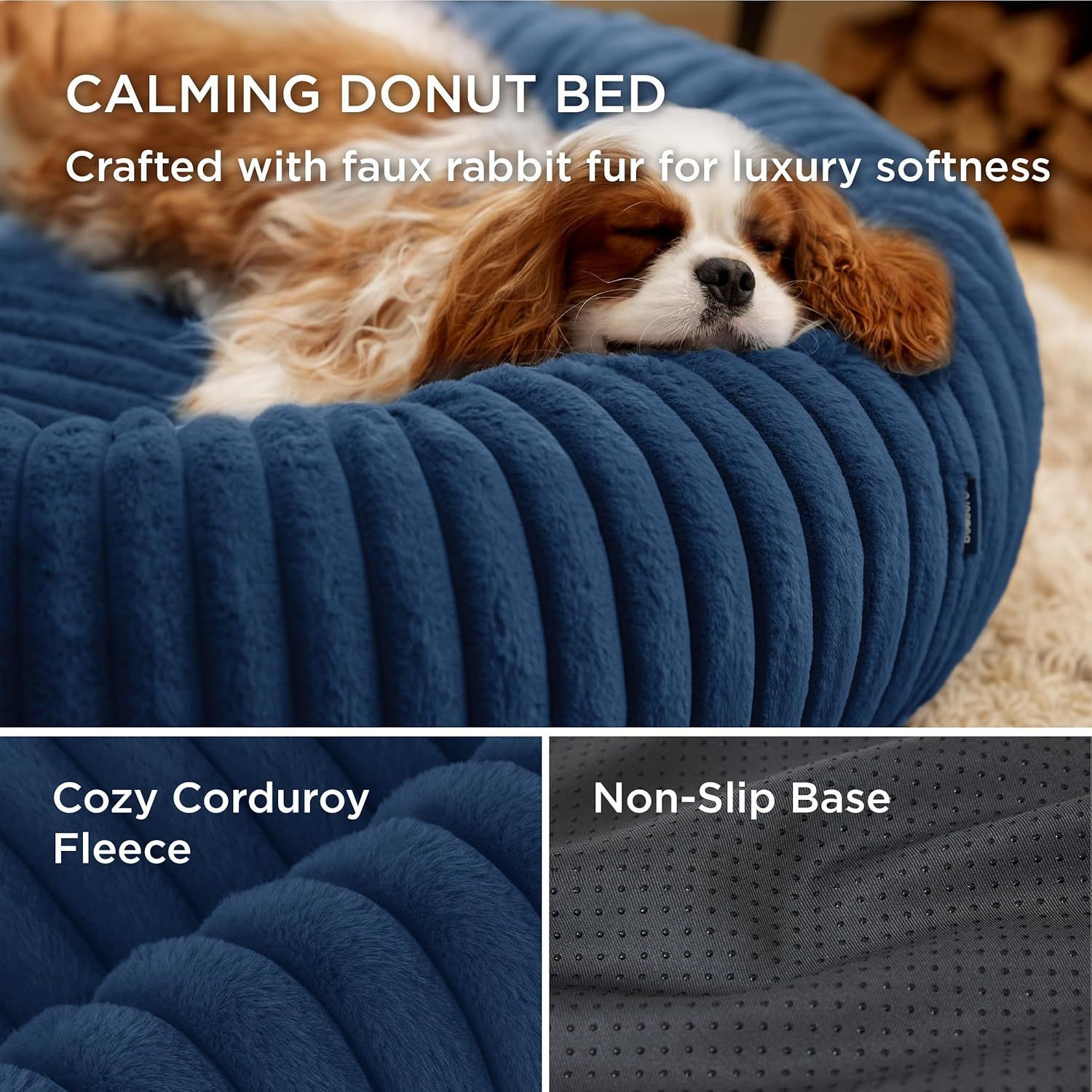 Calming Donut Pet Bed - Faux Rabbit Fur Soft Warm Round Cat Dog Bed - Plush Cozy Cuddler for Small Dogs Cats - Blue S 60cm