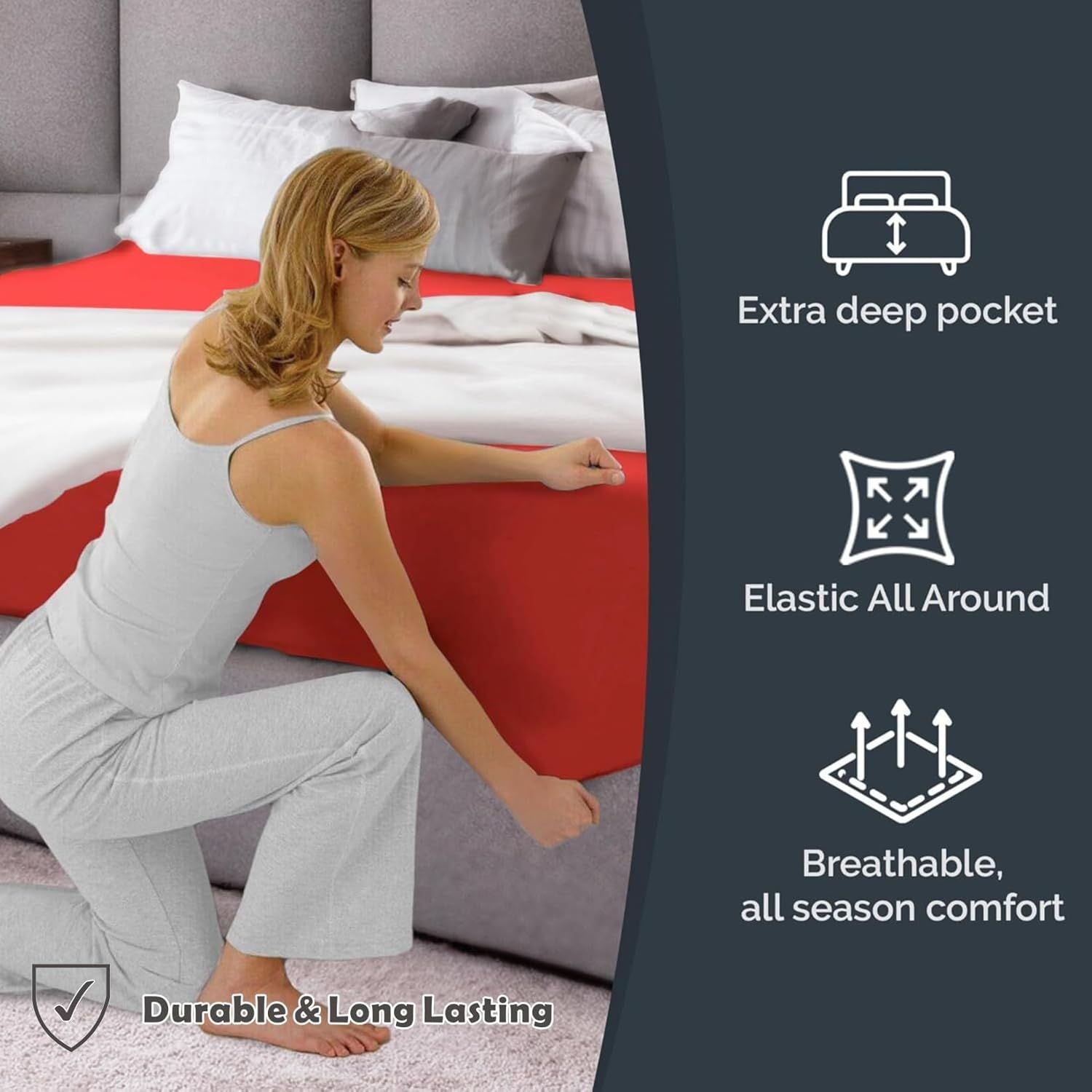 Hotel Quality Fitted Sheet - 1 Piece Fitted Sheet  -Breathable Bedding - Wrinkle, Fade, Stain Resistant- 16inch/40cm Deep Pocket Fitted Bed Sheet-Wrinkle and Fade Resistant,(Red,King)