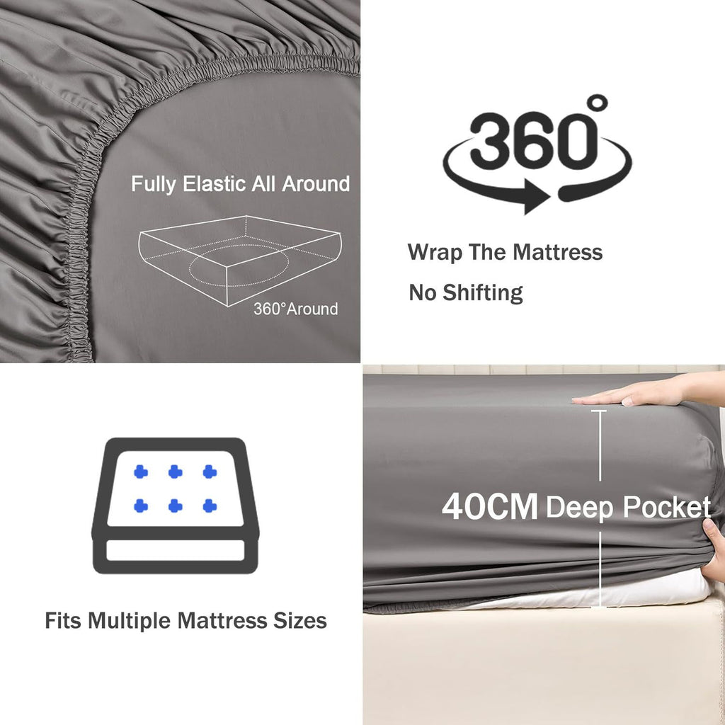 3 Piece Fitted Sheet Set- Fitted Sheet & Pillowcases -Breathable Bedding - Wrinkle, Fade, Stain Resistant- 40cm Deep Pocket Fitted Bed Sheet Set(Grey,King)