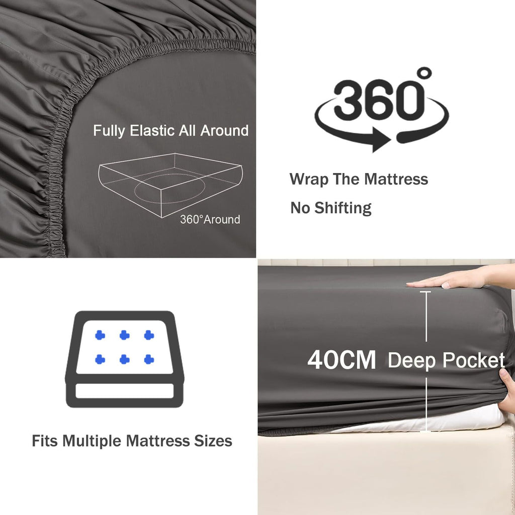 3 Piece Fitted Sheet Set- Fitted Sheet & Pillowcases -Breathable Bedding - Wrinkle, Fade, Stain Resistant- 40cm Deep Pocket Fitted Bed Sheet Set(Dark gray,King)