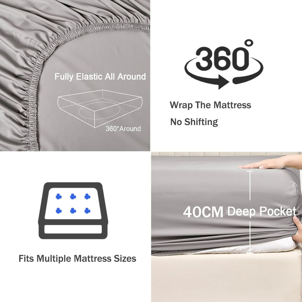 3 Piece Fitted Sheet Set- Fitted Sheet & Pillowcases -Breathable Bedding - Wrinkle, Fade, Stain Resistant- 40cm Deep Pocket Fitted Bed Sheet Set(Silver-gray,King)