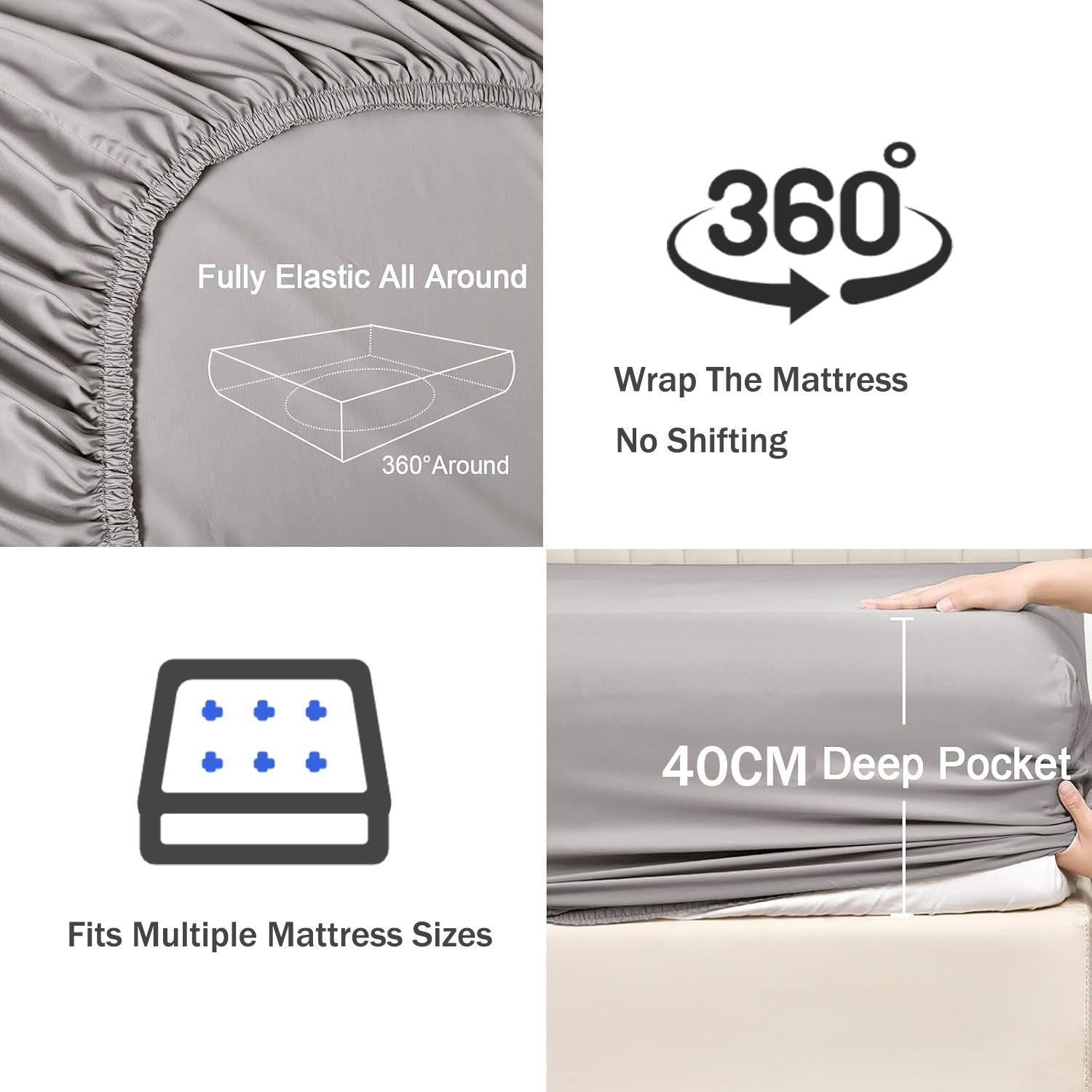 3 Piece Fitted Sheet Set- Fitted Sheet & Pillowcases -Breathable Bedding - Wrinkle, Fade, Stain Resistant- 40cm Deep Pocket Fitted Bed Sheet Set(Silver-gray,King)