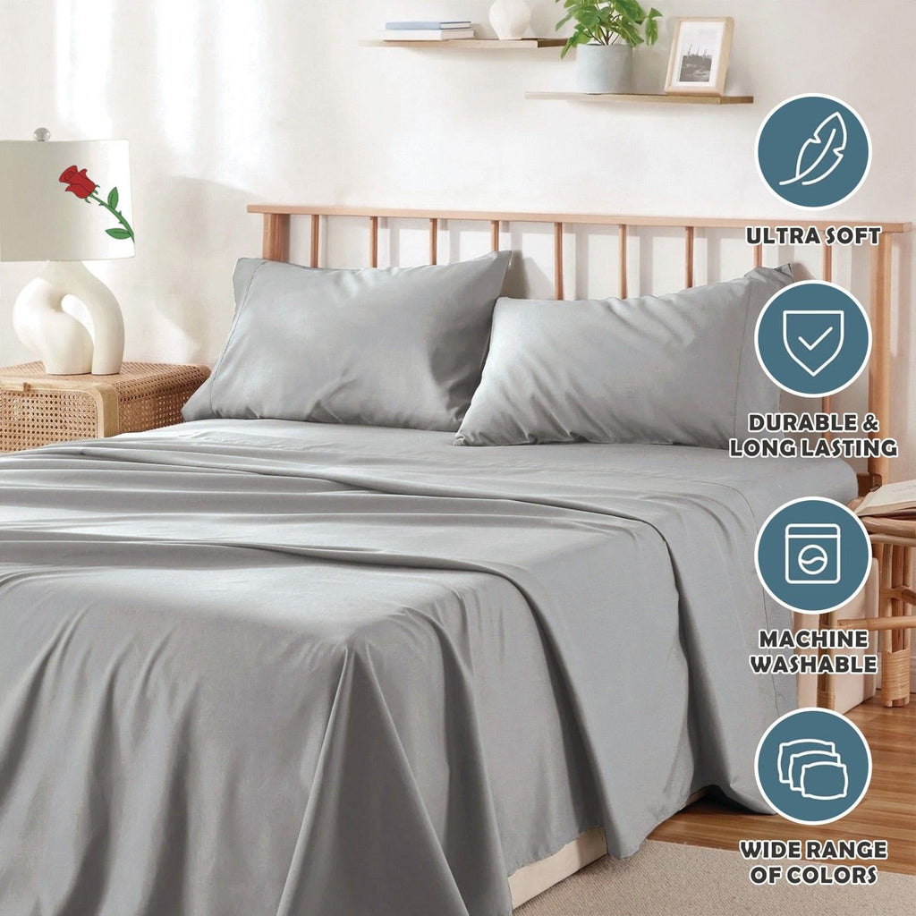 4 Piece Bed Sheet Set- Bedding Sheets & Pillowcases -Breathable Bedding - Wrinkle, Fade, Stain Resistant-Deep Pocket Flat Fitted Bed Sheet Set(Silver-gray,King)