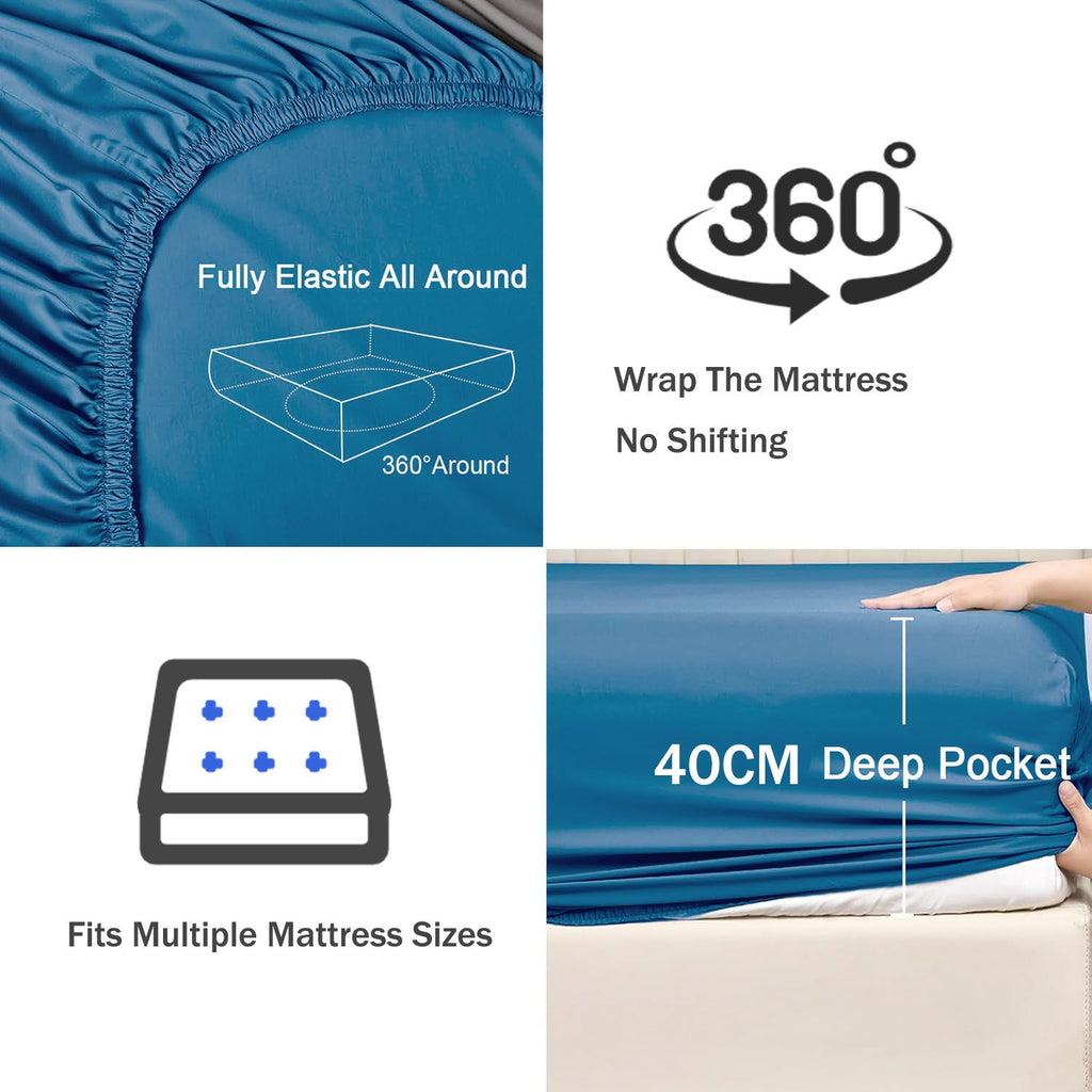 3 Piece Fitted Sheet Set- Fitted Sheet & Pillowcases -Breathable Bedding - Wrinkle, Fade, Stain Resistant- 40cm Deep Pocket Fitted Bed Sheet Set(Ocean,Queen)