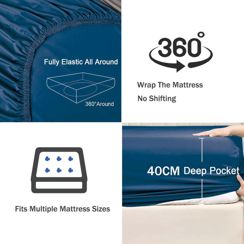 3 Piece Fitted Sheet Set- Fitted Sheet & Pillowcases -Breathable Bedding - Wrinkle, Fade, Stain Resistant- 40cm Deep Pocket Fitted Bed Sheet Set(Navy,Queen)