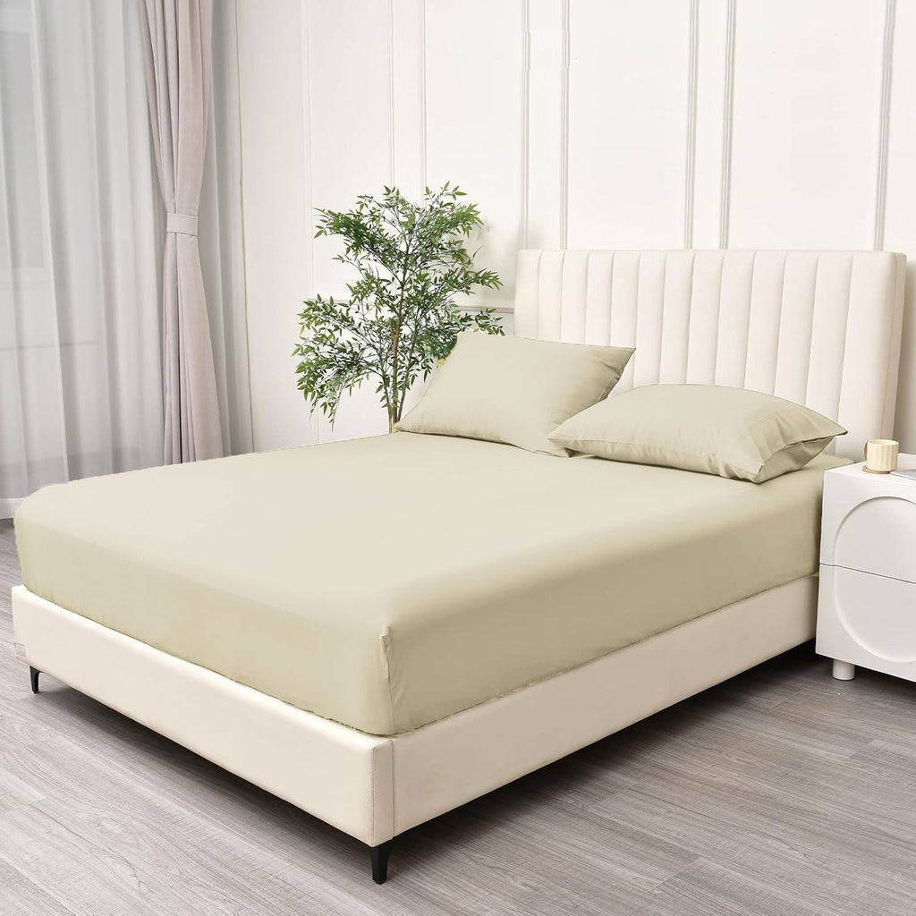 3 Piece Fitted Sheet Set- Fitted Sheet & Pillowcases -Breathable Bedding - Wrinkle, Fade, Stain Resistant- 40cm Deep Pocket Fitted Bed Sheet Set(Cream White,Queen)