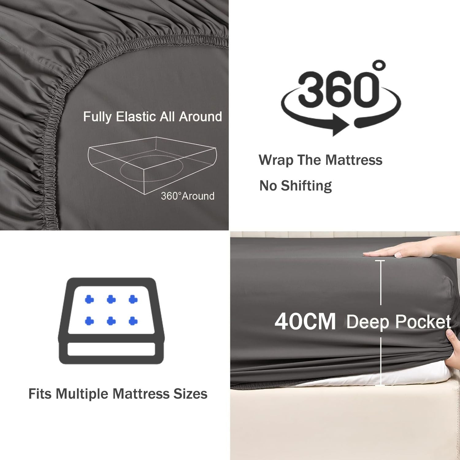 3 Piece Fitted Sheet Set- Fitted Sheet & Pillowcases -Breathable Bedding - Wrinkle, Fade, Stain Resistant- 40cm Deep Pocket Fitted Bed Sheet Set(Dark gray,Queen)