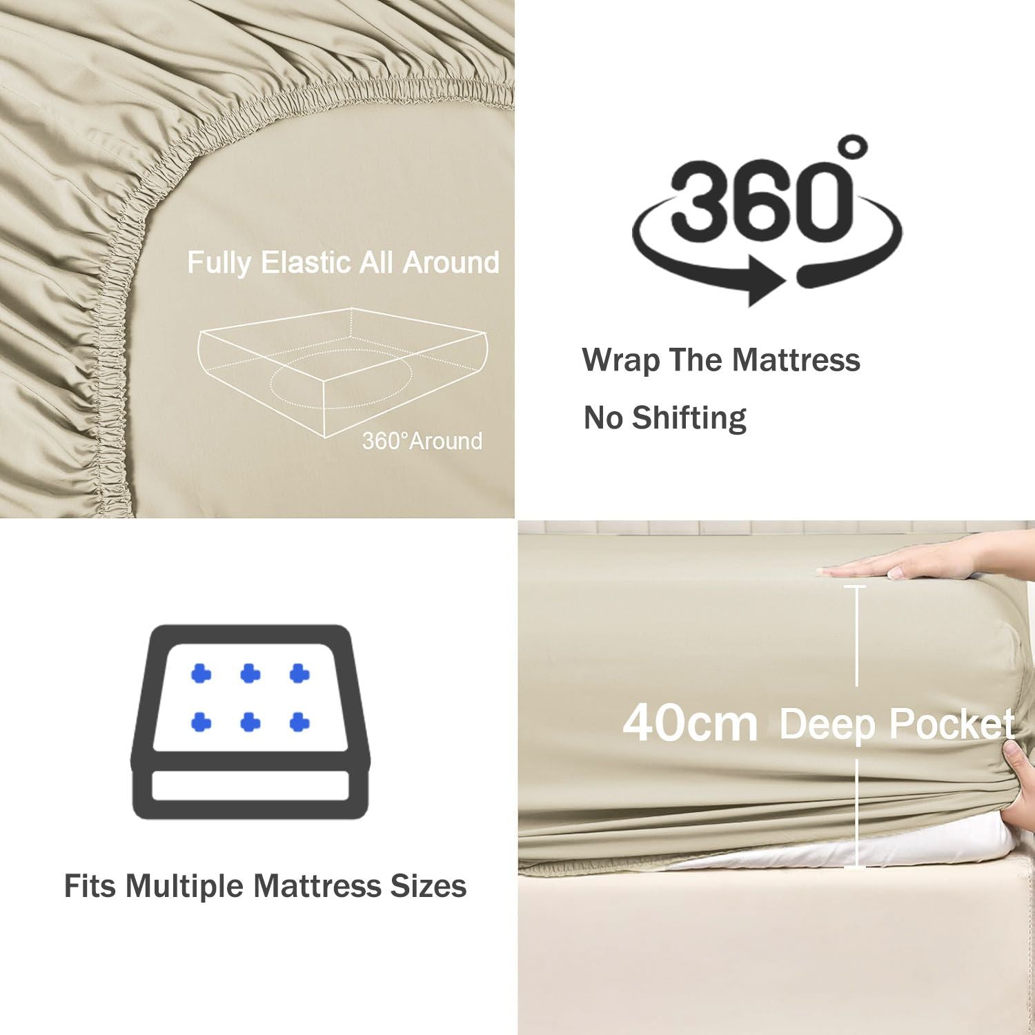 3 Piece Fitted Sheet Set- Fitted Sheet & Pillowcases -Breathable Bedding - Wrinkle, Fade, Stain Resistant- 40cm Deep Pocket Fitted Bed Sheet Set(Camel Beige,Queen)