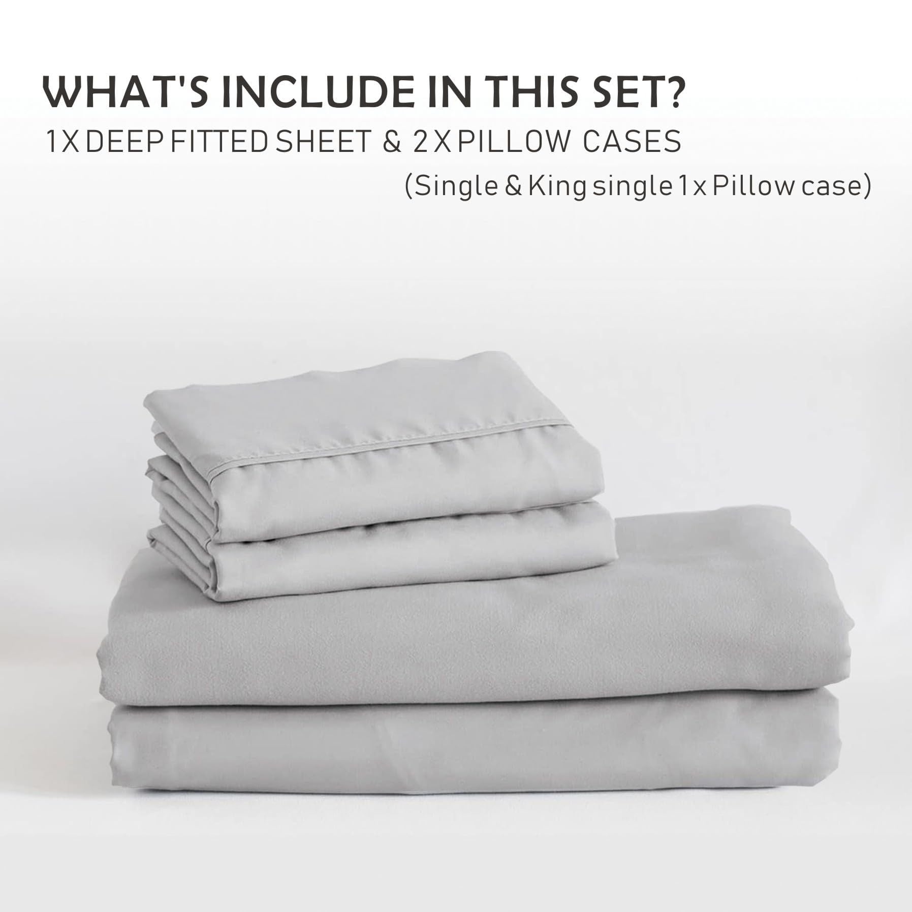 3 Piece Fitted Sheet Set- Fitted Sheet & Pillowcases -Breathable Bedding - Wrinkle, Fade, Stain Resistant- 40cm Deep Pocket Fitted Bed Sheet Set(Silver-gray,Queen)